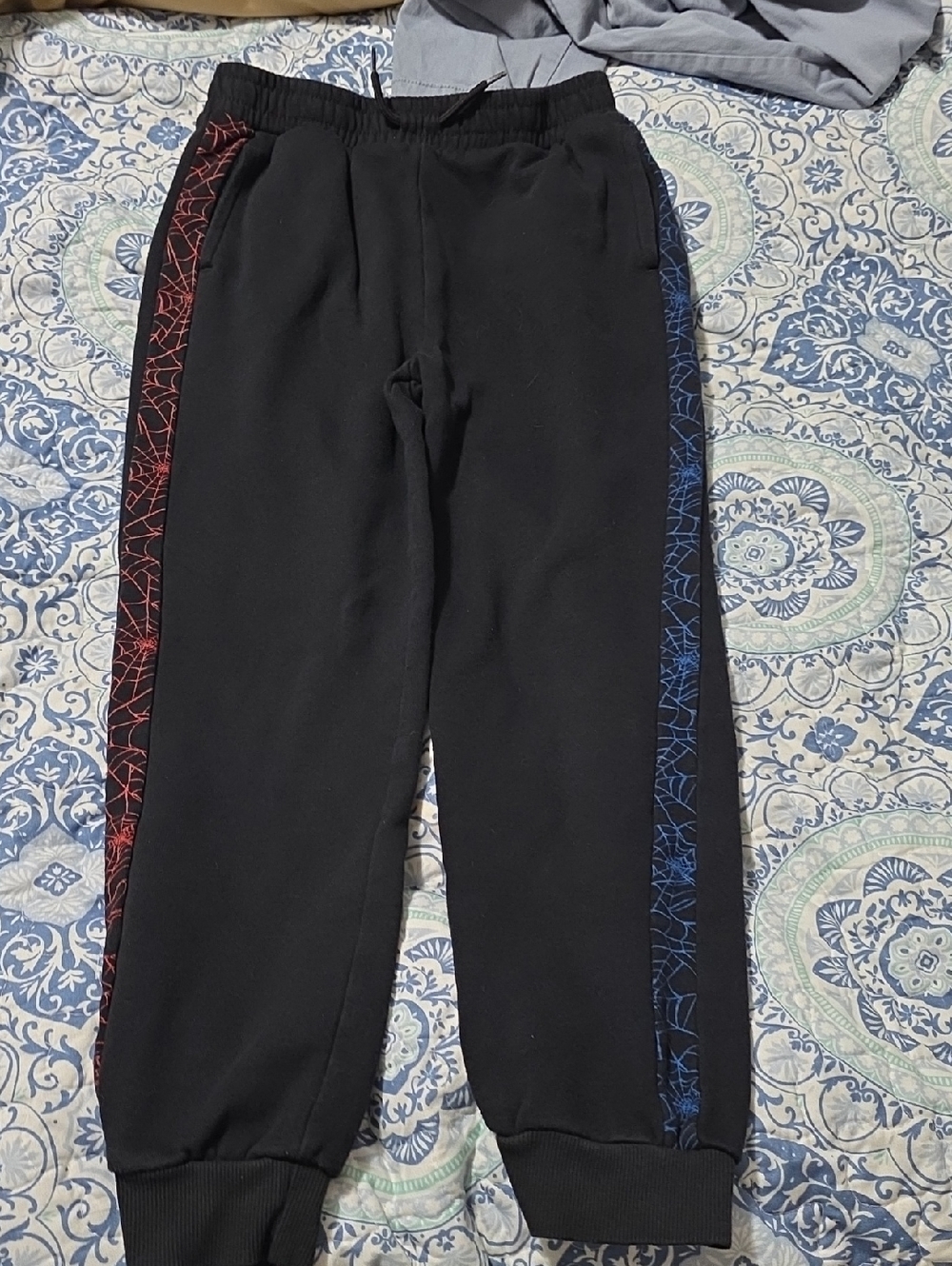 Marvel Kids Black Sweatpants with Red & Blue Spider Web Stripes